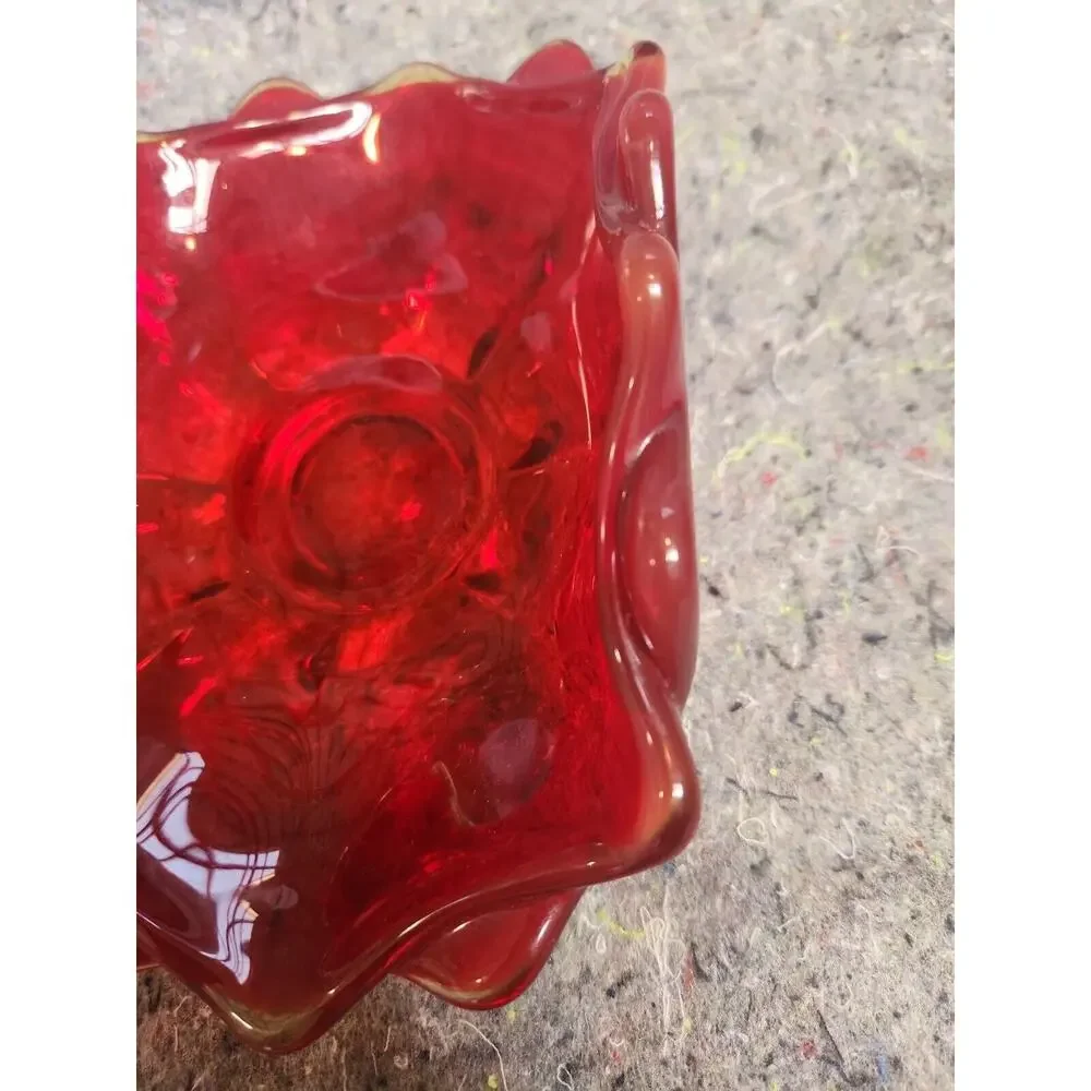 Viking Glass Ruby Red Double Crimp Folded Footed Low Bowl 7.5
